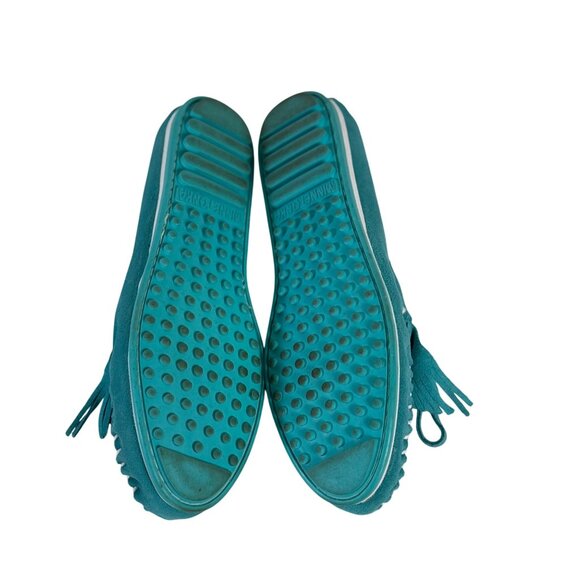 Minnetonka Turquoise Suede Moccasins Kitty Plus Womens Size 10 Fringe Whipstitch - Picture 8 of 16